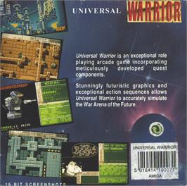 Box back cover for Universal Warrior on the Commodore Amiga.