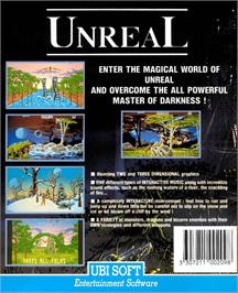 Box back cover for Unreal on the Commodore Amiga.