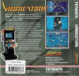 Box back cover for Vindicators on the Commodore Amiga.