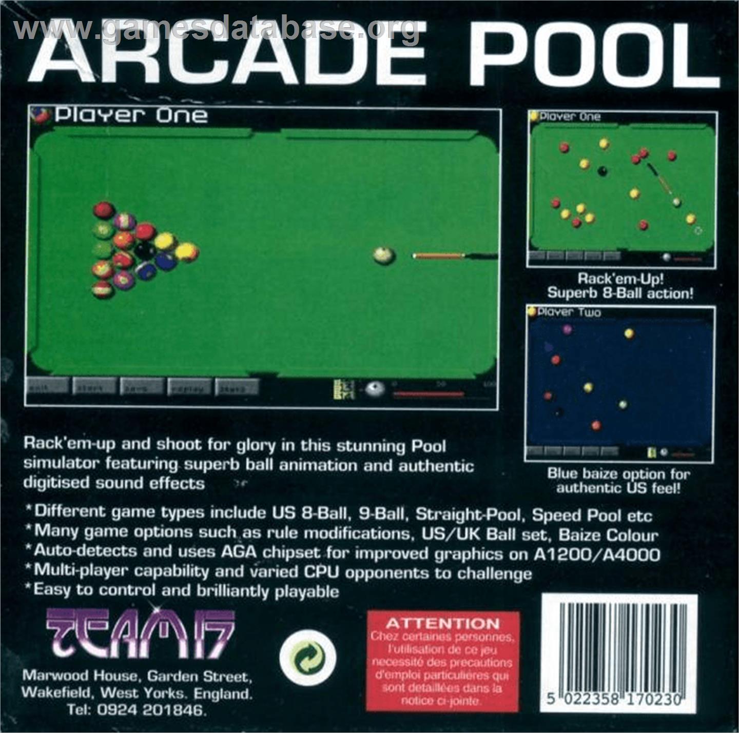 Arcade Pool - Commodore Amiga - Artwork - Box Back