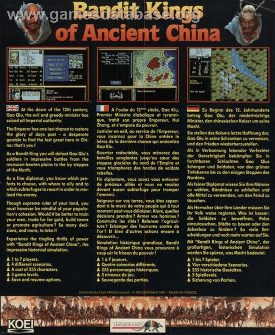 Bandit Kings of Ancient China - Commodore Amiga - Artwork - Box Back