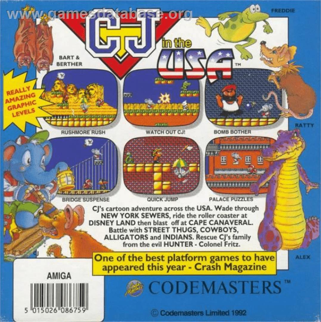 CJ In the USA - Commodore Amiga - Artwork - Box Back