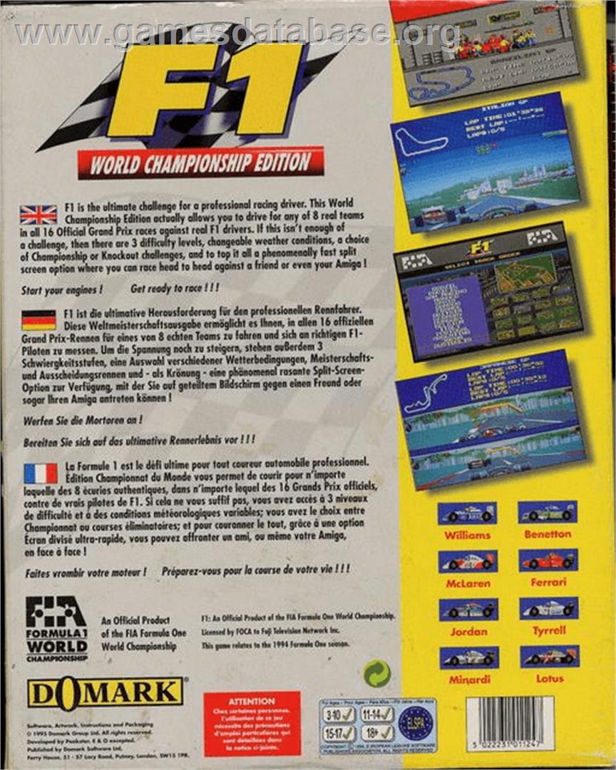 F1 World Championship Edition - Commodore Amiga - Artwork - Box Back