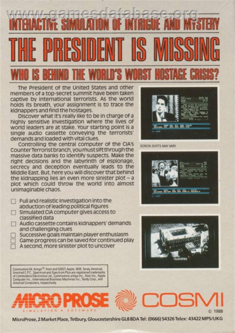 President is Missing - Commodore Amiga - Artwork - Box Back