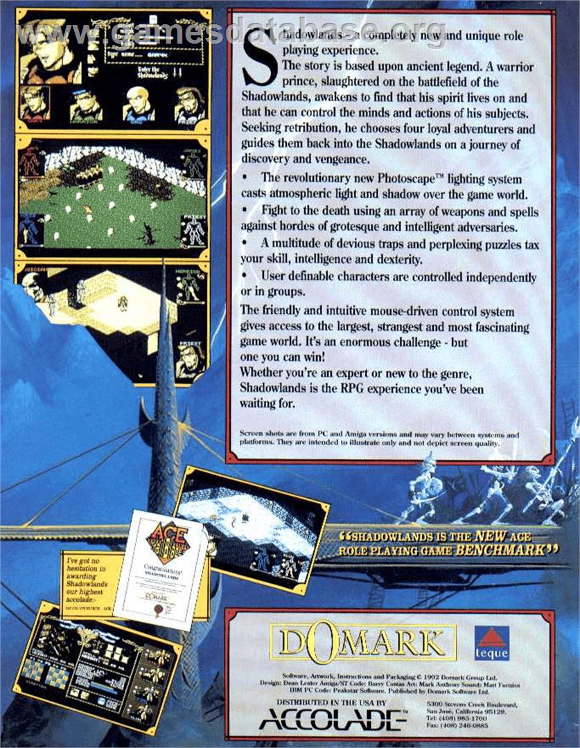 Shadowlands - Commodore Amiga - Artwork - Box Back