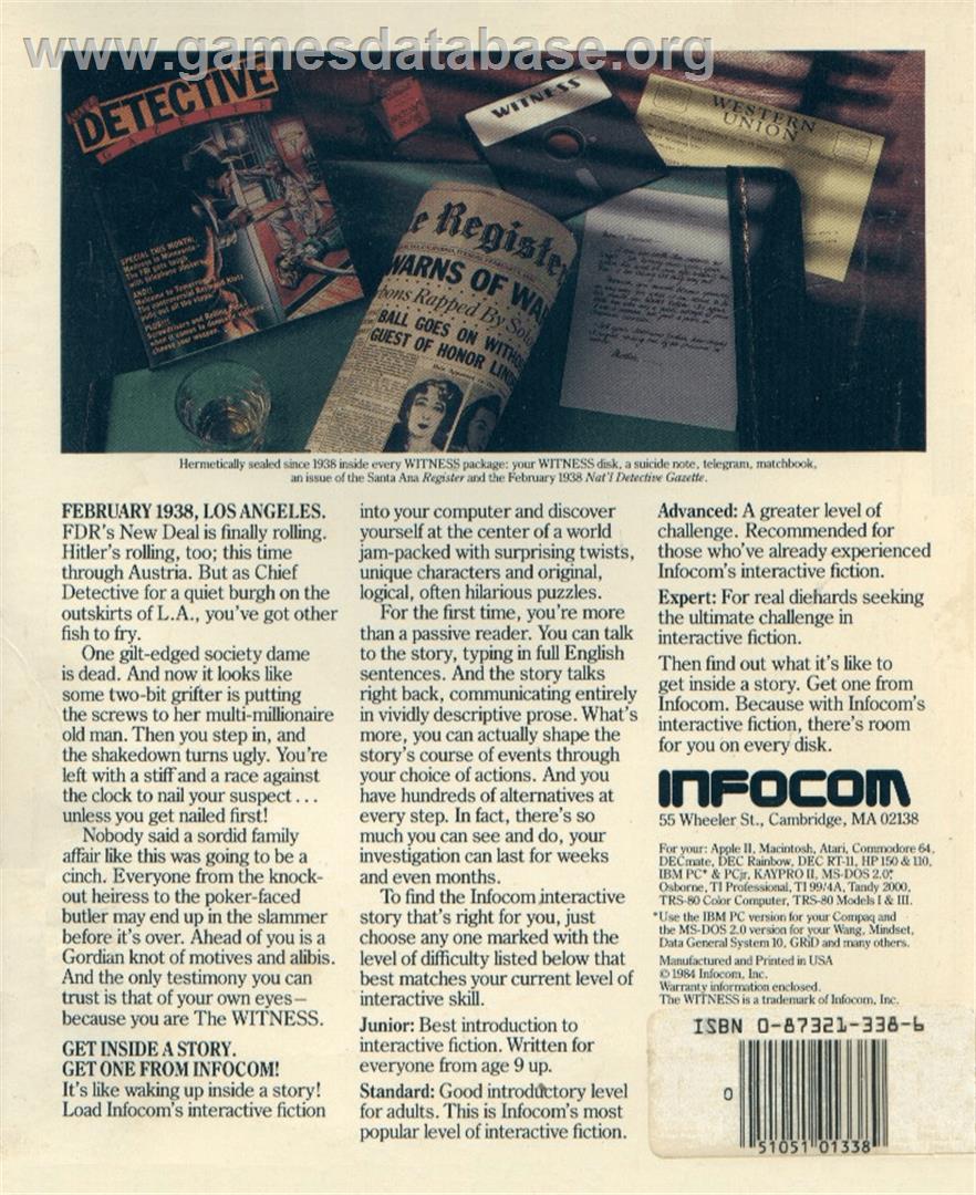 Witness - Commodore Amiga - Artwork - Box Back