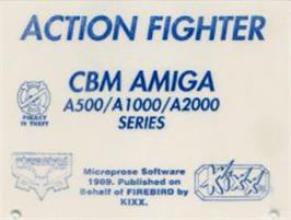 Top of cartridge artwork for Action Fighter on the Commodore Amiga.