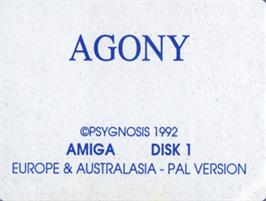 Top of cartridge artwork for Agony on the Commodore Amiga.