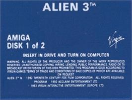 Top of cartridge artwork for Alien³ on the Commodore Amiga.