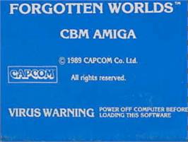 Top of cartridge artwork for Forgotten Worlds on the Commodore Amiga.