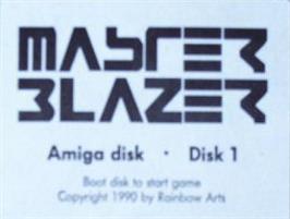 Top of cartridge artwork for Master Blazer on the Commodore Amiga.