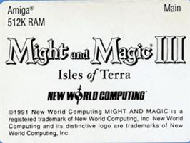 Top of cartridge artwork for Might and Magic III: Isles of Terra on the Commodore Amiga.