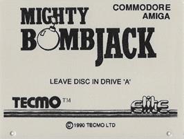 Top of cartridge artwork for Mighty Bombjack on the Commodore Amiga.