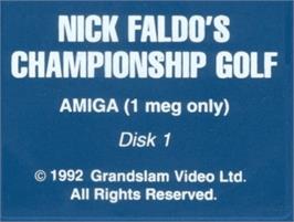 Top of cartridge artwork for Nick Faldo's Championship Golf on the Commodore Amiga.