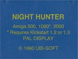 Top of cartridge artwork for Night Hunter on the Commodore Amiga.