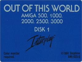 Top of cartridge artwork for Out of This World on the Commodore Amiga.