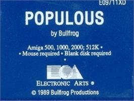 Top of cartridge artwork for Populous: The Promised Lands on the Commodore Amiga.