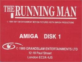 Top of cartridge artwork for Running Man on the Commodore Amiga.