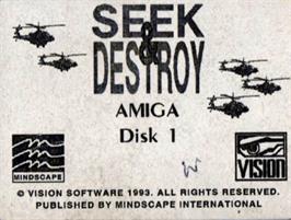 Top of cartridge artwork for Seek and Destroy on the Commodore Amiga.