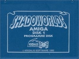 Top of cartridge artwork for Shadoworlds on the Commodore Amiga.