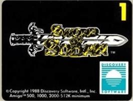 Top of cartridge artwork for Sword of Sodan on the Commodore Amiga.