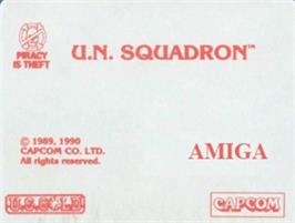 Top of cartridge artwork for U.N. Squadron on the Commodore Amiga.