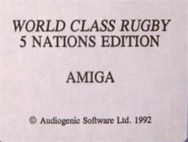 Top of cartridge artwork for World Class Rugby on the Commodore Amiga.