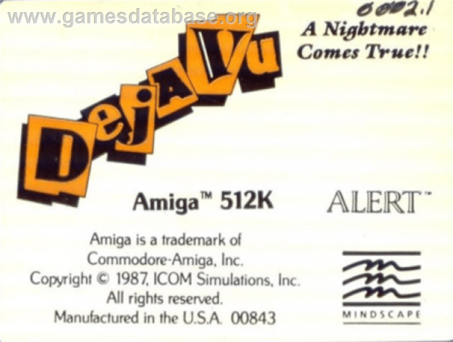 Deja Vu: A Nightmare Comes True - Commodore Amiga - Artwork - Cartridge Top