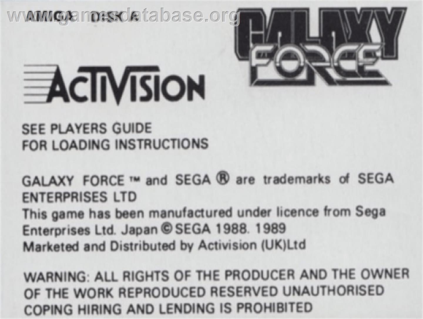 Galaxy Force 2 - Commodore Amiga - Artwork - Cartridge Top