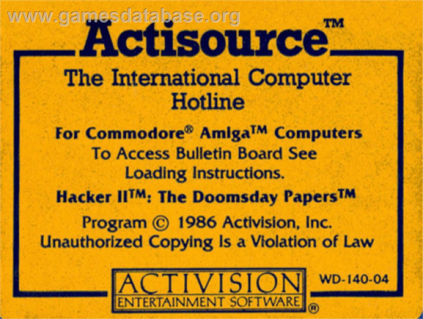 Hacker 2: The Doomsday Papers - Commodore Amiga - Artwork - Cartridge Top