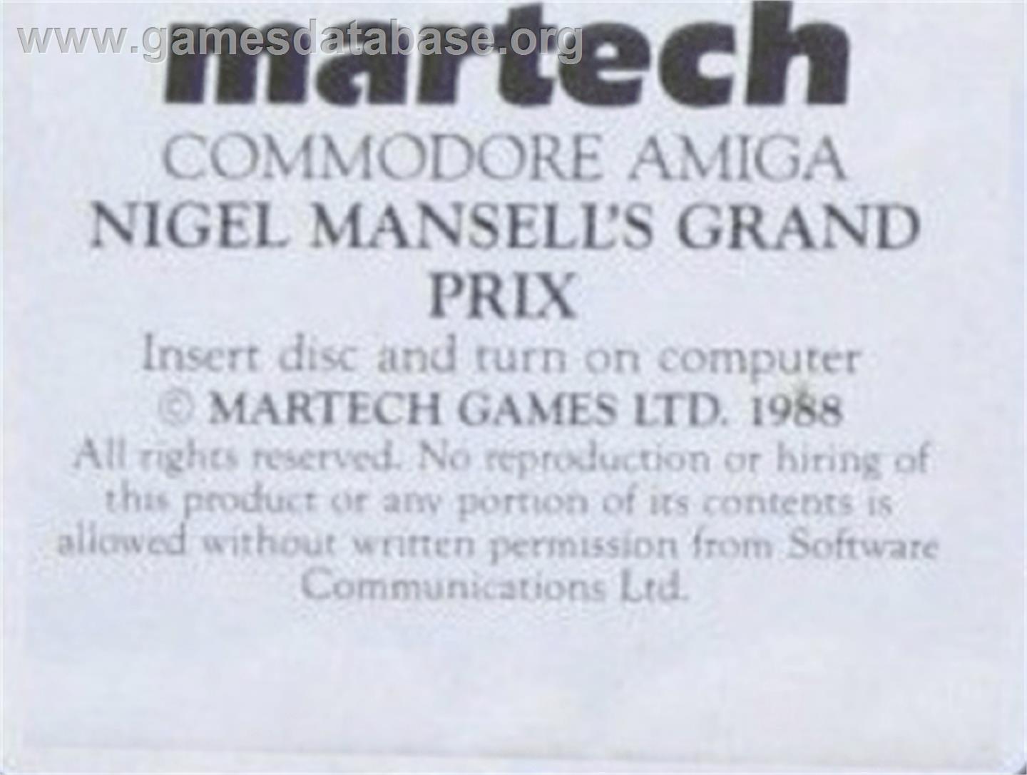 Nigel Mansell's Grand Prix - Commodore Amiga - Artwork - Cartridge Top