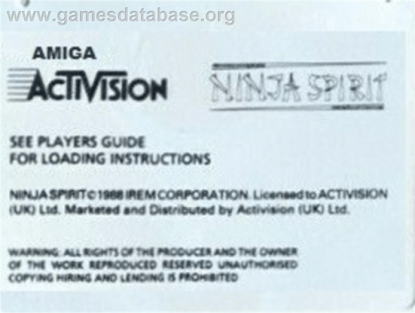 Ninja Spirit - Commodore Amiga - Artwork - Cartridge Top