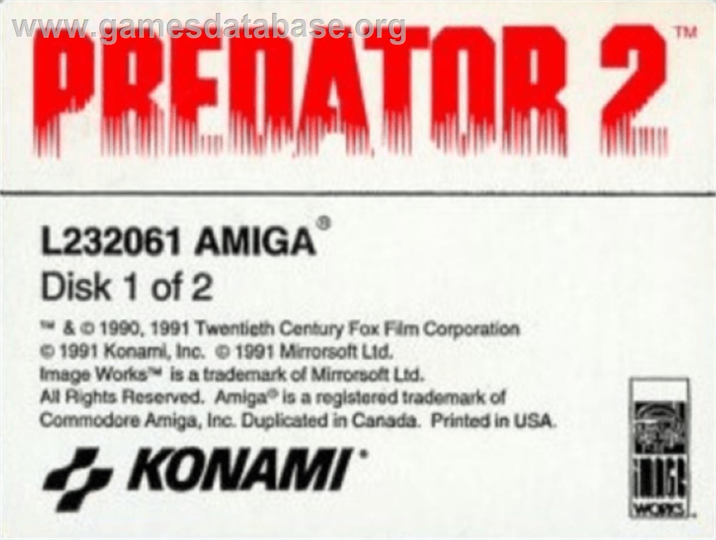 Predator 2 - Commodore Amiga - Artwork - Cartridge Top