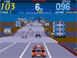 In game image of Cisco Heat: All American Police Car Race on the Commodore Amiga.
