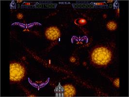 In game image of Mega Phoenix on the Commodore Amiga.