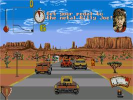 In game image of Moonshine Racers on the Commodore Amiga.