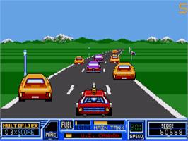 In game image of Road Blasters on the Commodore Amiga.