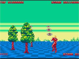 In game image of Space Harrier II on the Commodore Amiga.