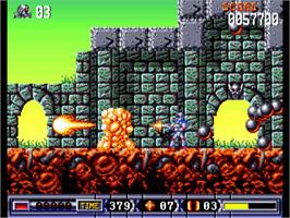 In game image of Turrican II: The Final Fight on the Commodore Amiga.