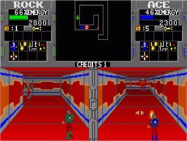 In game image of Xybots on the Commodore Amiga.