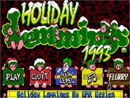 Title screen of Holiday Lemmings on the Commodore Amiga.