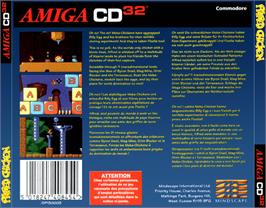 Box back cover for Alfred Chicken on the Commodore Amiga CD32.