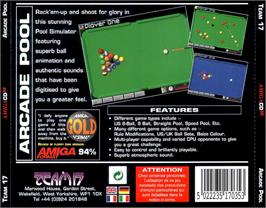 Box back cover for Arcade Pool on the Commodore Amiga CD32.