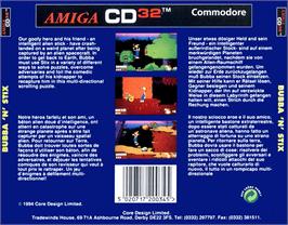 Box back cover for Bubba 'n' Stix on the Commodore Amiga CD32.