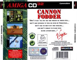 Box back cover for Cannon Fodder on the Commodore Amiga CD32.