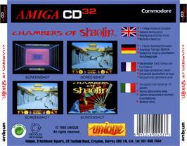 Box back cover for Chambers of Shaolin on the Commodore Amiga CD32.