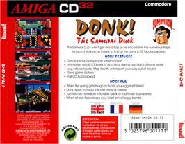Box back cover for Donk!: The Samurai Duck on the Commodore Amiga CD32.