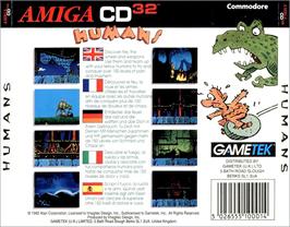 Box back cover for Humans 1 and 2 on the Commodore Amiga CD32.