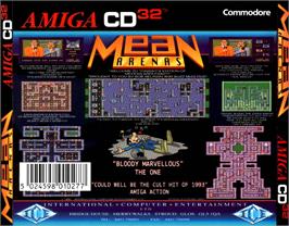 Box back cover for Mean Arenas on the Commodore Amiga CD32.