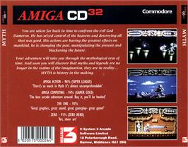 Box back cover for Myth: History in the Making on the Commodore Amiga CD32.